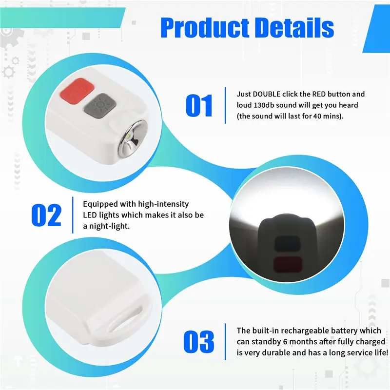 

Персональная сигнализация FFYY, сигнализация безопасности для женщин со светодиодной подсветкой SOS, сирена 130 дБ, водонепроницаемое звуковое устройство с брелоком для ключей для детей и пожилых людей