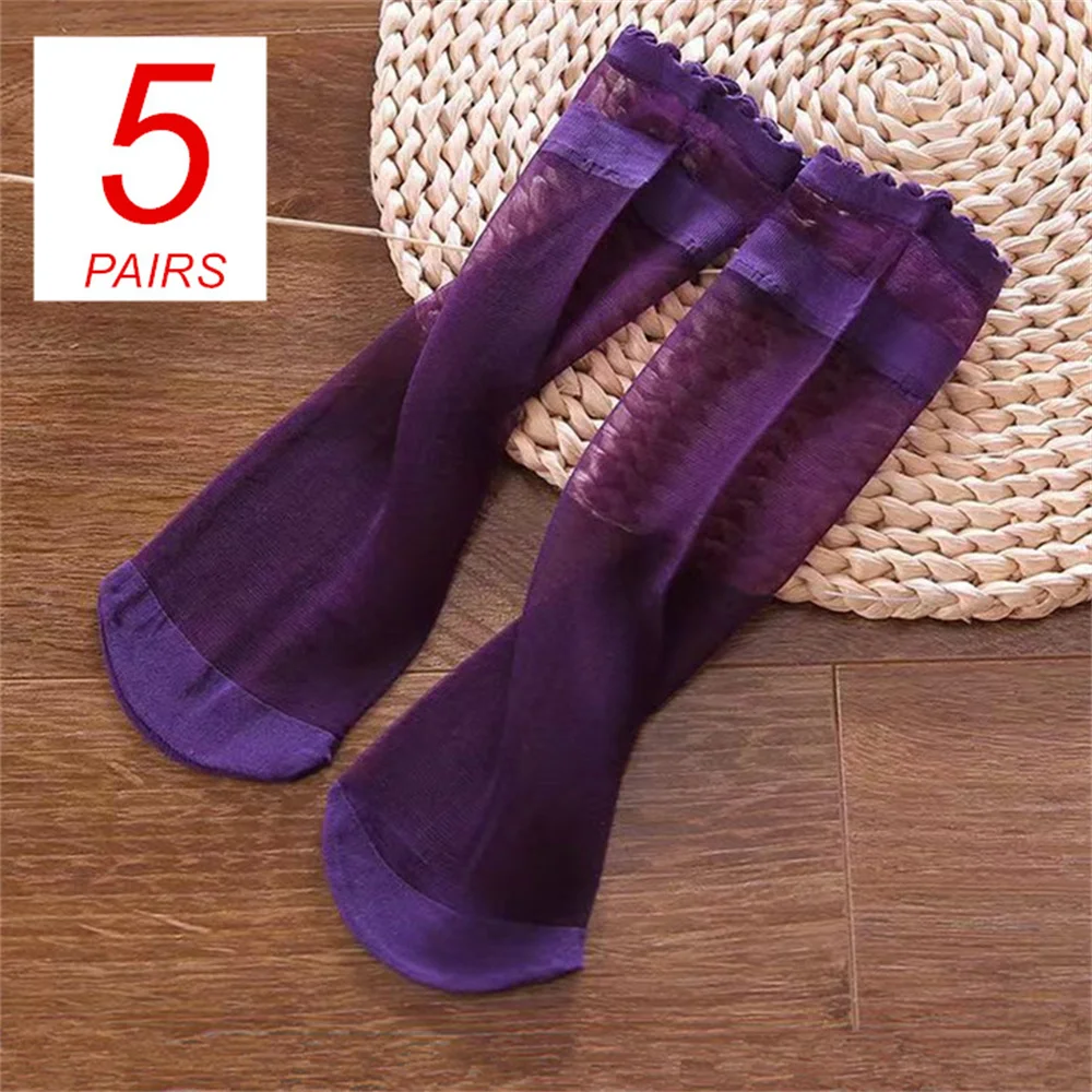 

5 пар перевернутых прозрачных носков с оборками для женщин, тонкие нейлоновые женские носки средней длины Meias с эластичными кристаллами, весенние шелковые розовые носки