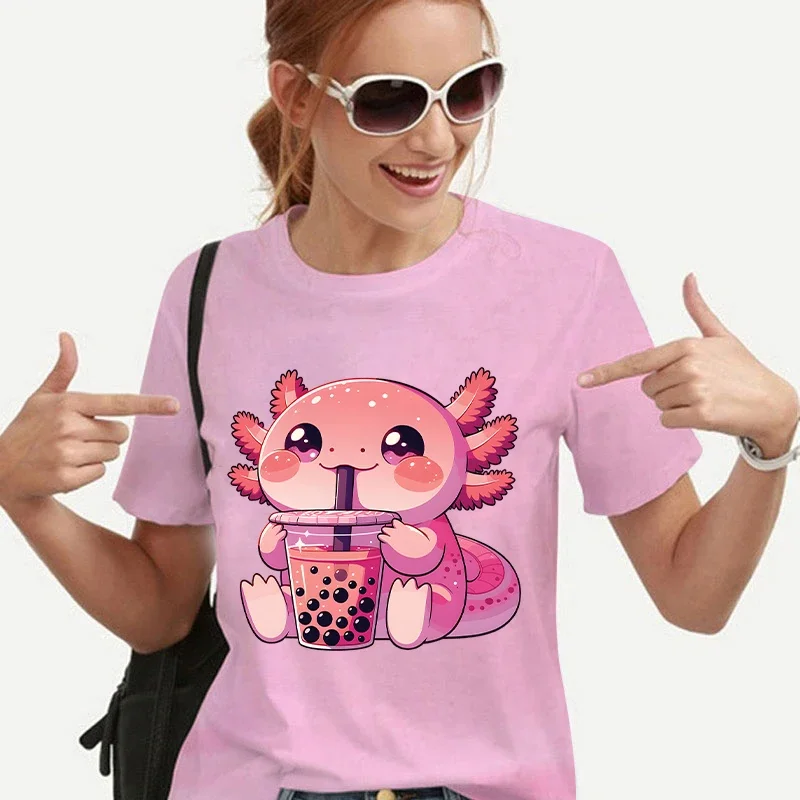 Summer Women Clothing Kawaii Bubble Tea Boba Axolotl Tees Casual Short Sleeved T-shirt Fashion Female Harajuku Graphic Y2k Tops