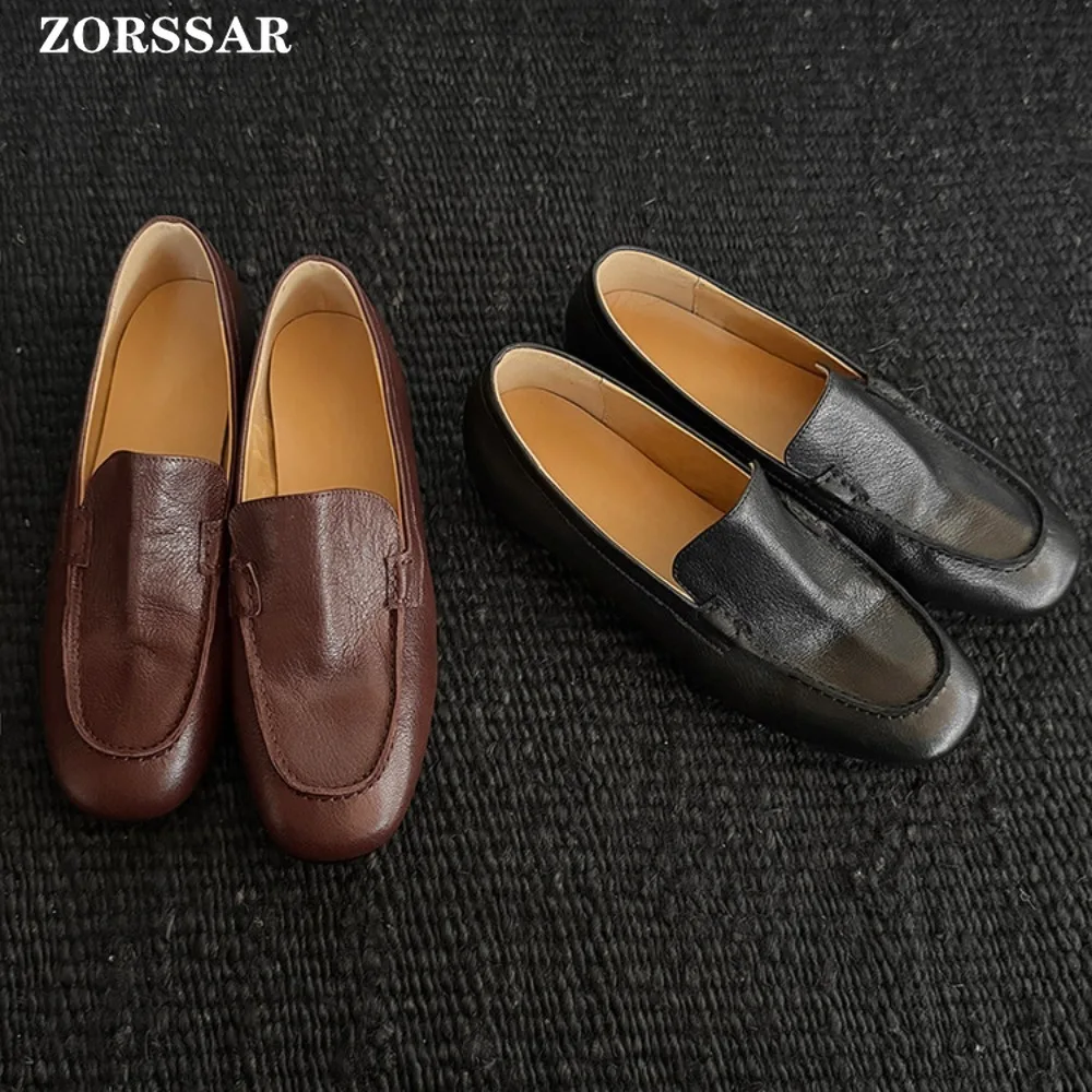

Loafers Women 2026 New Spring Round Toe One Foot Slip-on Shoes Women Genuine Leather Boat Shoes Soft Flats Shoes Women