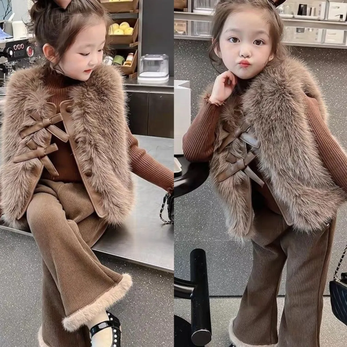 

Girls' Winter Clothing Set 2025 Korean Children's Haircoat Sweater Velvet Bellbottom Pants Girls' 3-Piece Set