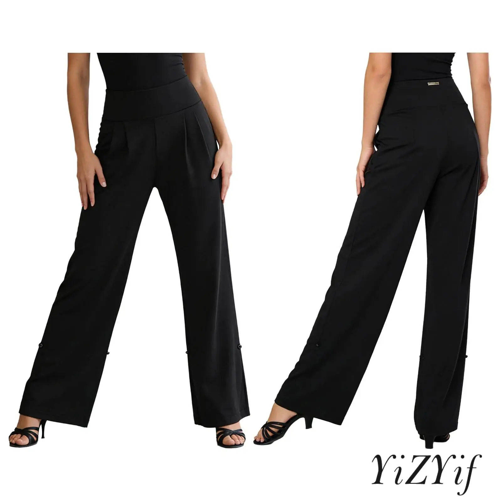 

Womens Tango Cha Cha Pants High Waist Wide Waistband Belly Control 2 in 1 Convertible Straight Leg Long Trousers for Latin Dance