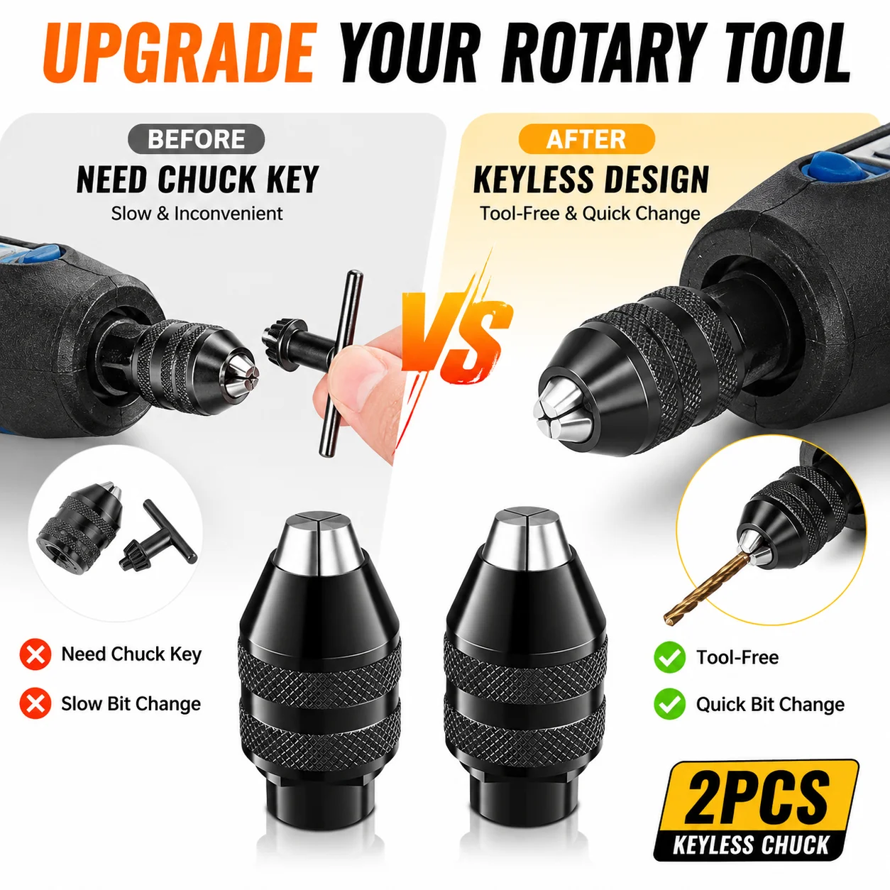 2PCS Keyless Rotary Tool Chuck Quick Change Drill Chuck Adapter Replacement for Dremel 4486 Rotary Tools 3000 4000 7700 8200