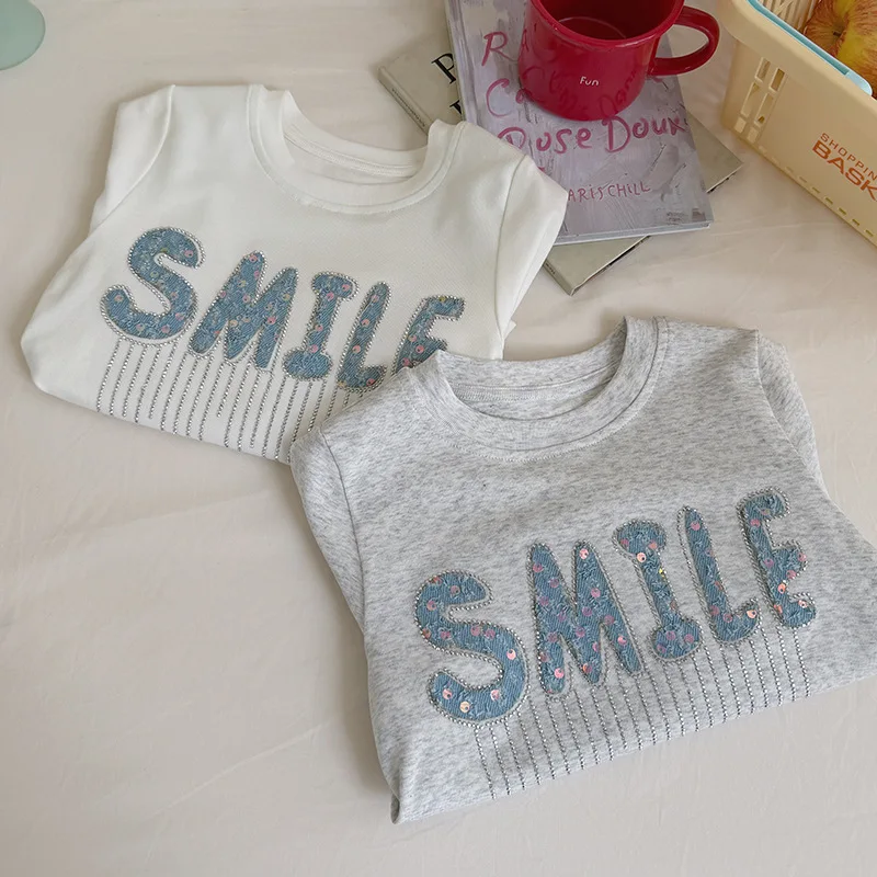 Girls High Elasticity Cotton T-shirt Girls Spring Outfit Bright Diamond Letter Hot Stamping Children Base Shirt