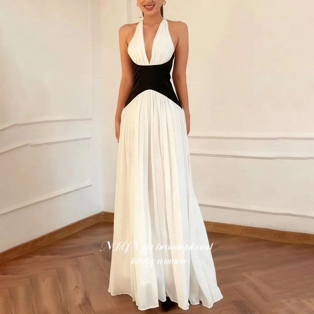 

NFYN A-Line Prom Dress Halter Evening Party Dresses Chiffon Floor Floor Gala Dress for Arabic Women Customized