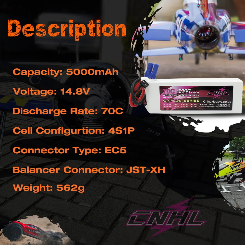 CNHL Lipo Battery 4S 14.8V 5000mAh 70C G+Plus With EC5 Plug For Car Truck Tank Helicopter Quadcopter Airplane Boat Hobby Part