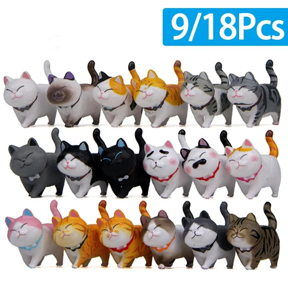 9/18PCs Mini Cute Cat Ornaments Kawaii Kitten Figurines for Birthday Gifts Home Decoration Desktop Model Garden Accessories