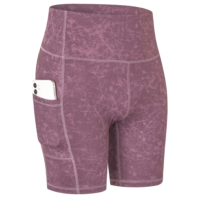 Pantalones cortos de yoga desnudos estampados para mujer con bolsillos pantalones cortos deportivos de entrenamiento de ejercicio de secado rápido elásticos ajustados agradables para la piel