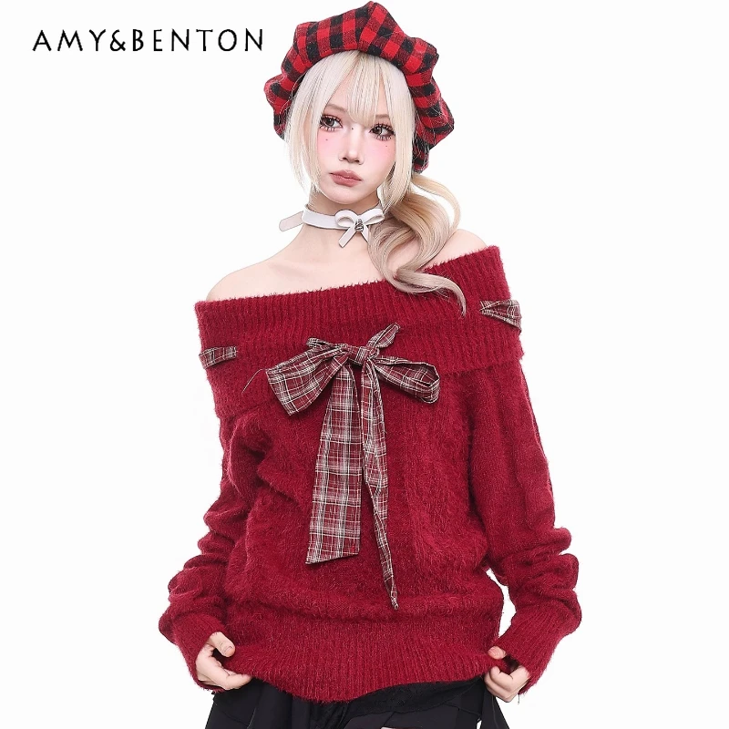 

2025 Autumn Winter New Christmas Women's Clothing Loose Slimming Versatile Bow Off-Shoulder Red Knitted Pullover Sweater Ladies