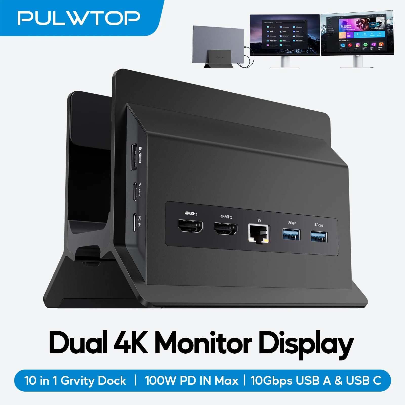 Stacja dokująca PULWTOP USB C z podwójnym monitorem do laptopów typu C, z HDMI 4K@60Hz, USB A/C 10Gbps, Ethernet, USB A 2.0, PD-czarny