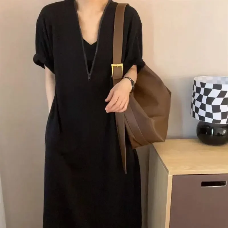 Summer Trendy Textured Oversized Black Casual Hooded Dresses for Women Streetwear Half Zipper Short Sleeve Beach Dress