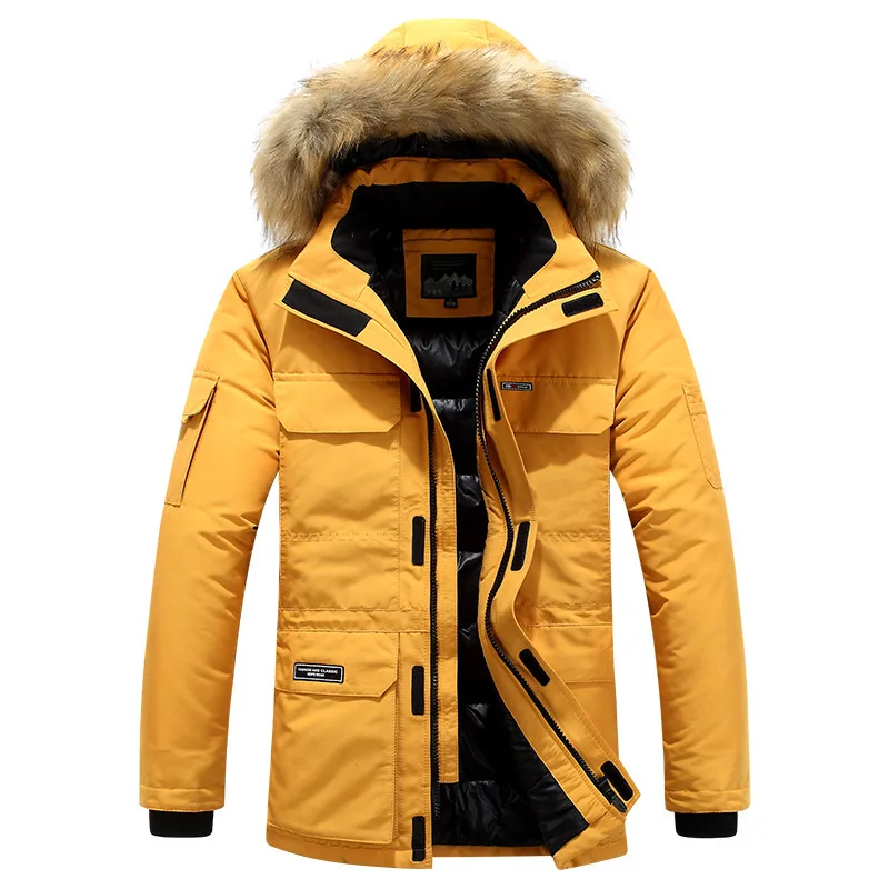KIDWHXR Winter Man Parkas Thicken Warm Stand Collar Male Detachable Hooded Jacket Business Casual Long Sleeve Pocket Men Coat