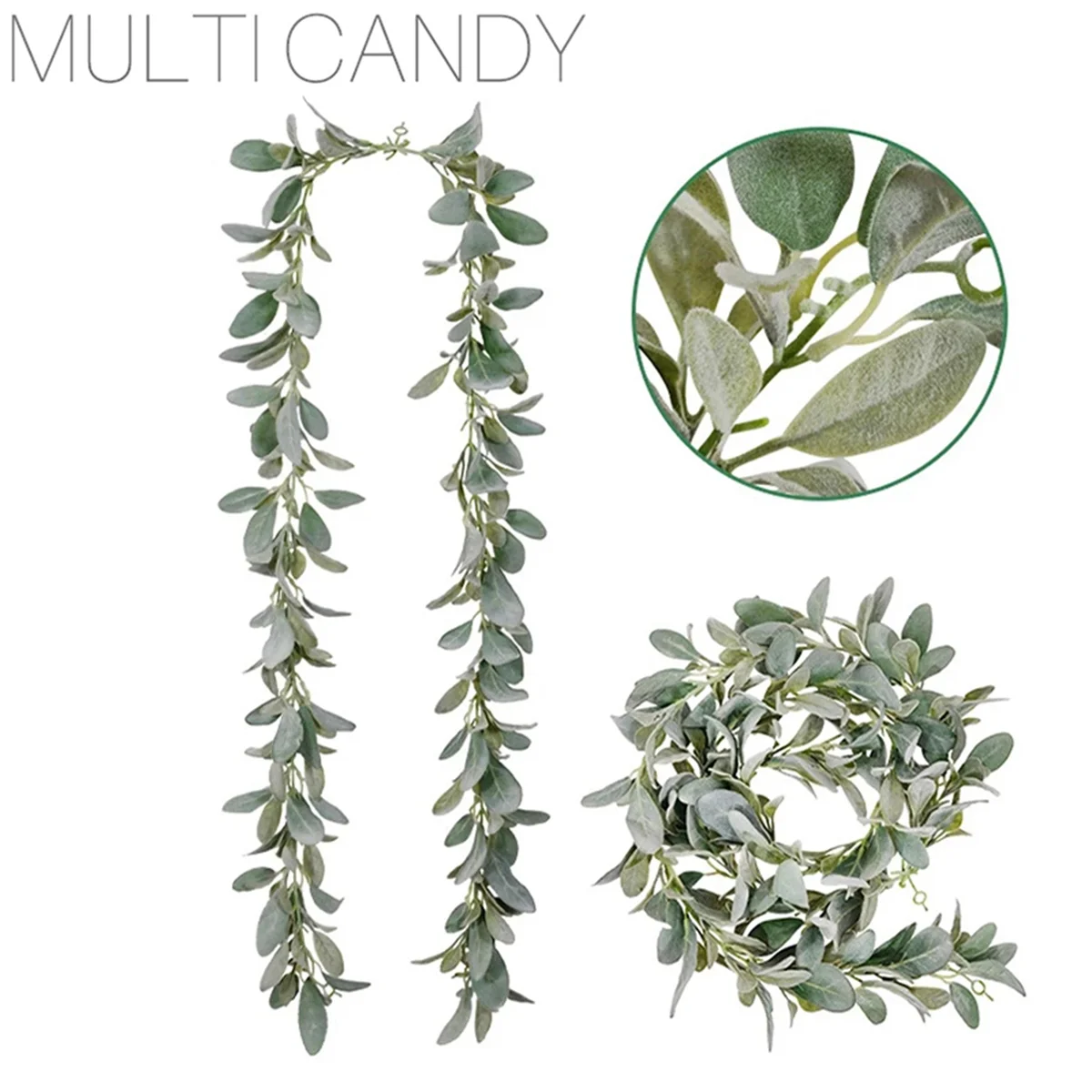 5X Artificial Flocked Lambs Ear Garland - 2Meter Soft Faux Vine Greenery and Leaves for Farmhouse Mantel Decor