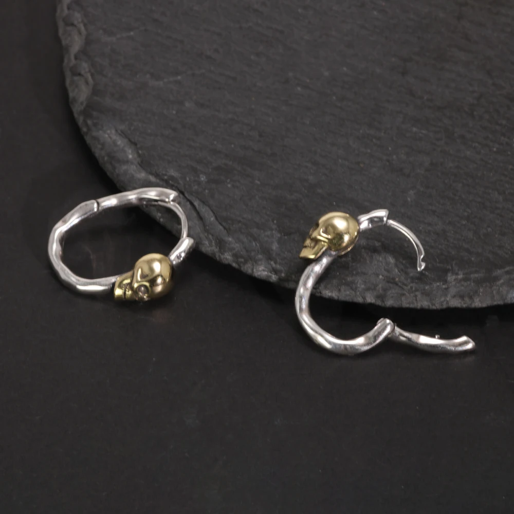 Orecchini a cerchio placcati oro con teschio in argento Sterling S925 orecchini Punk Vintage gioielli da uomo e da donna