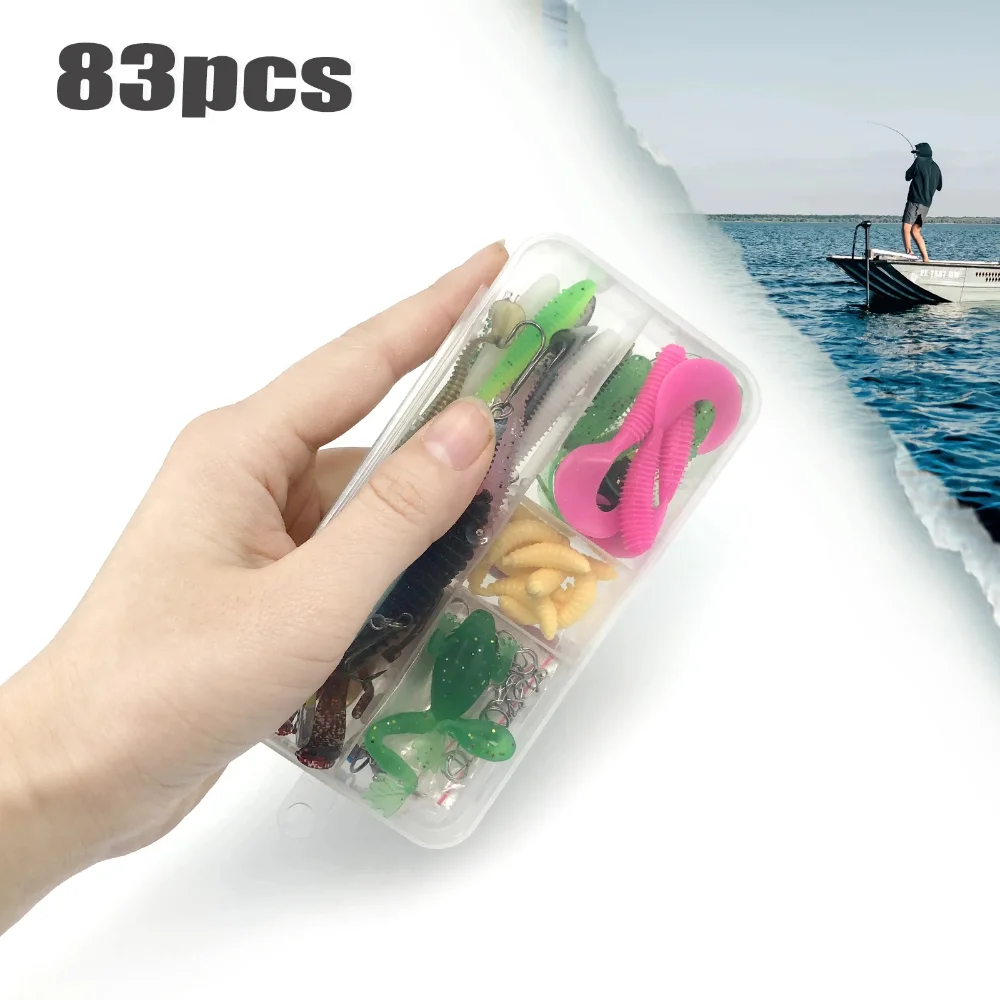 83 pçs conjunto de isca de pesca aleatória caixa cega isca minhoca sapo glitter isca macia isca de peixe com lantejoulas equipamento anzol