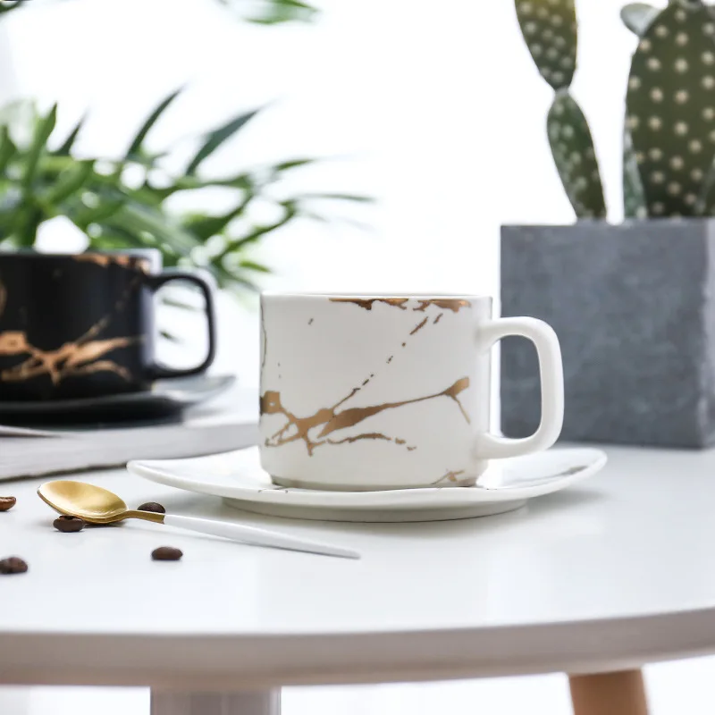 Marbling Matte Gold Products Series Japanese Style Black And White Cup And Saucer Case Tea Cup Glass Coffee Cup