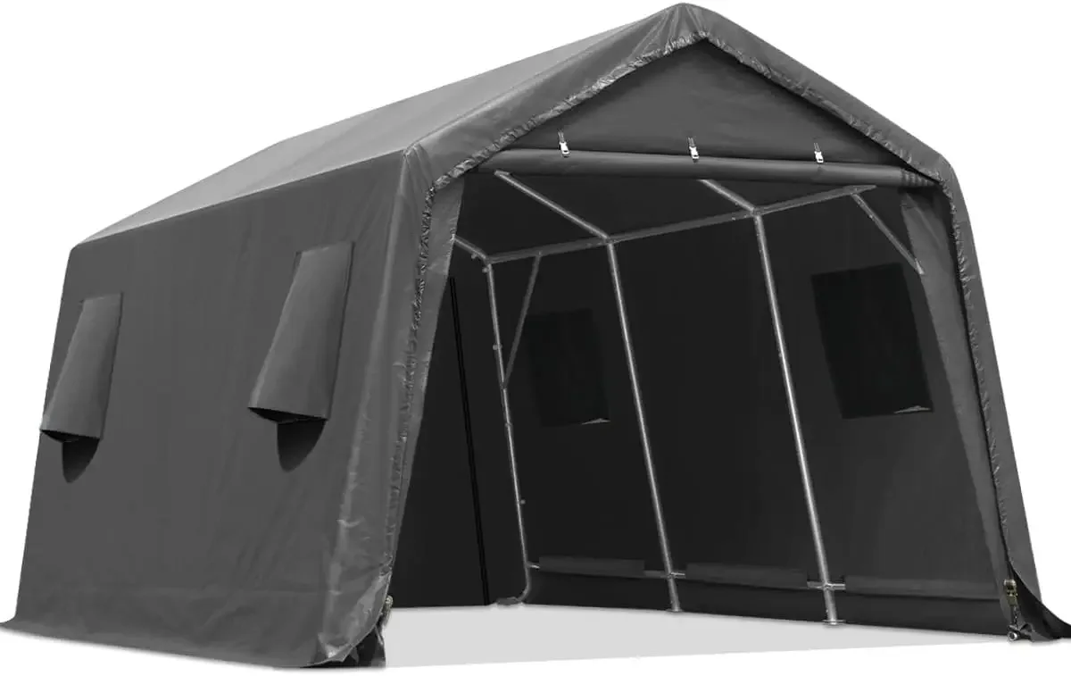 10X15 ft Garage Shelter Steel Metal Peak Roof Anti-Snow Portable Storage Shed Carport for Motorcycle Boat, or Garden Tools