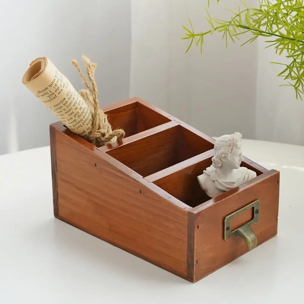 Wooden Remote Control Holder Decorative with 3 Compartments Desktop Storage Box Vintage Style Pen Holder for Living Room