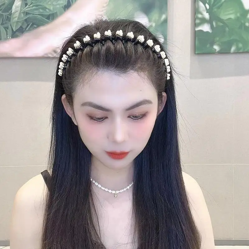 Fashion Rhinestone Hair Hoop Non-Slip Black Wavy Teeth Comb Flower Artificial Pearls HairBand Bangs Tool For Women Girls