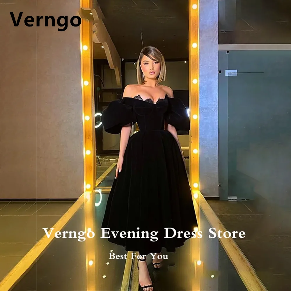 

Verngo Black Velvet Prom Dresses Lace Off the Shoulder Evening Dress Ankle Length Women Party Prom Gowns