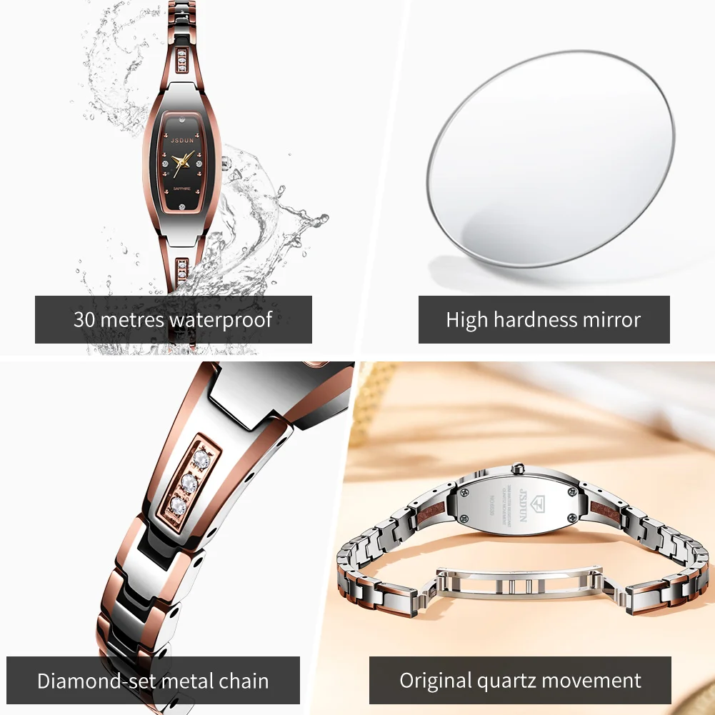 JSDUN أفضل العلامات التجارية الساعات النسائية الفاخرة موضة التنغستن الصلب الأصلي كوارتز ساعة اليد لسيدة صغيرة تونيو الهاتفي مقاوم للماء #6
