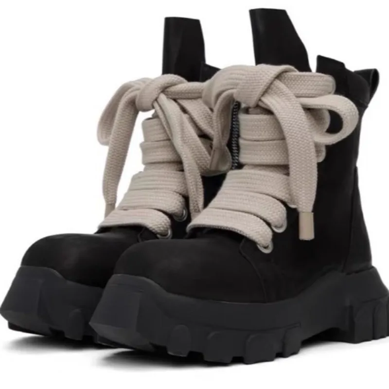 

High Quality Gothic Oversized Thick Rope Lace Up Platform Boots Women Men Side Zipper Chunky Lug Sole Motorcycle Ankle Booties