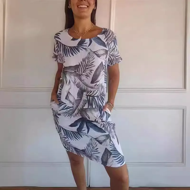 Vestido corto de verano con estampado Floral para mujer, minivestido holgado de manga corta con cuello redondo, bolsillo lateral, informal, para fiesta y playa