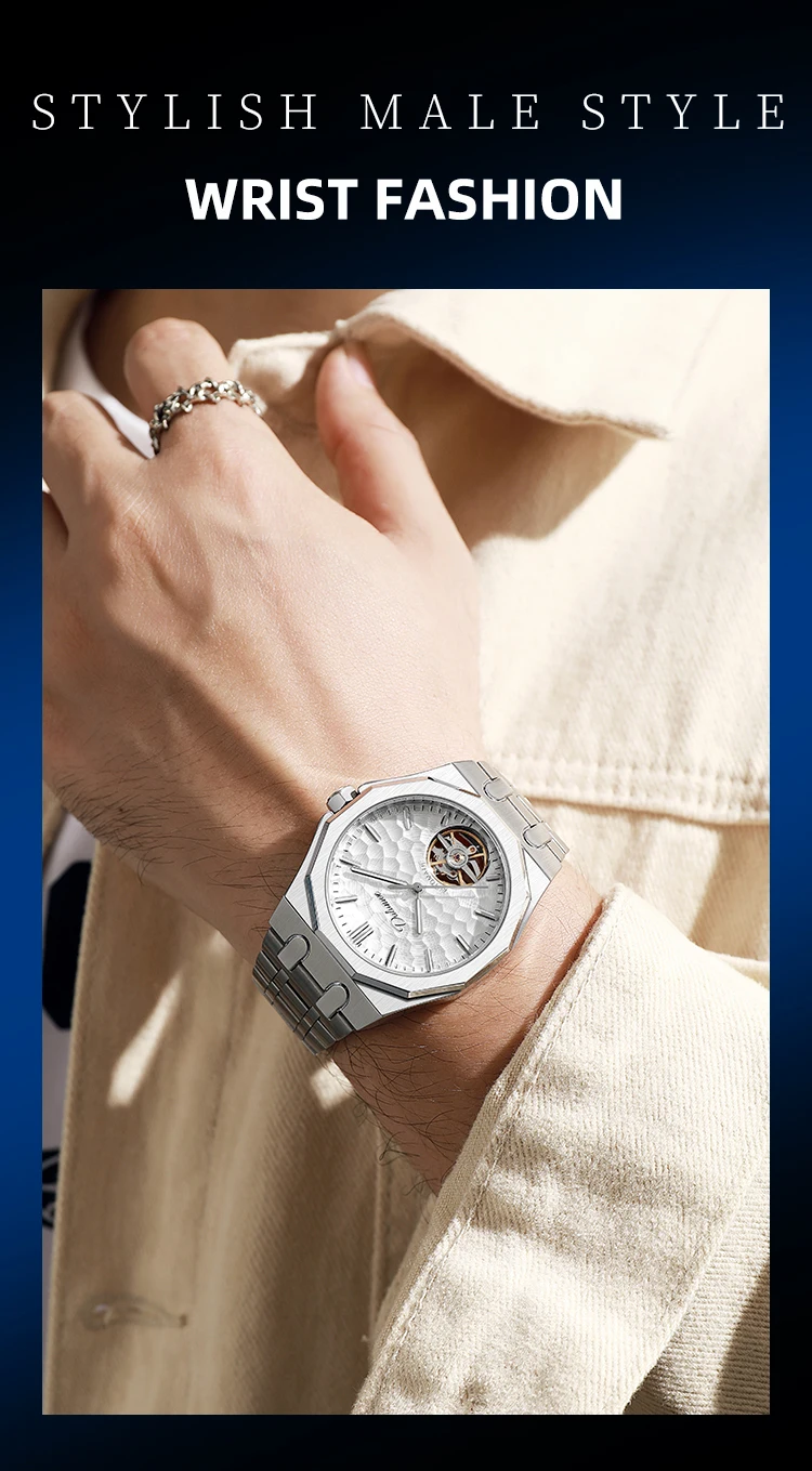 Automatische mechanische Herrenuhr mit orangefarbenem Zifferblatt, Skelett-Tourbillon, achteckige Armbanduhr aus Edelstahl, luxuriöse wasserdichte Uhr – Detail 4