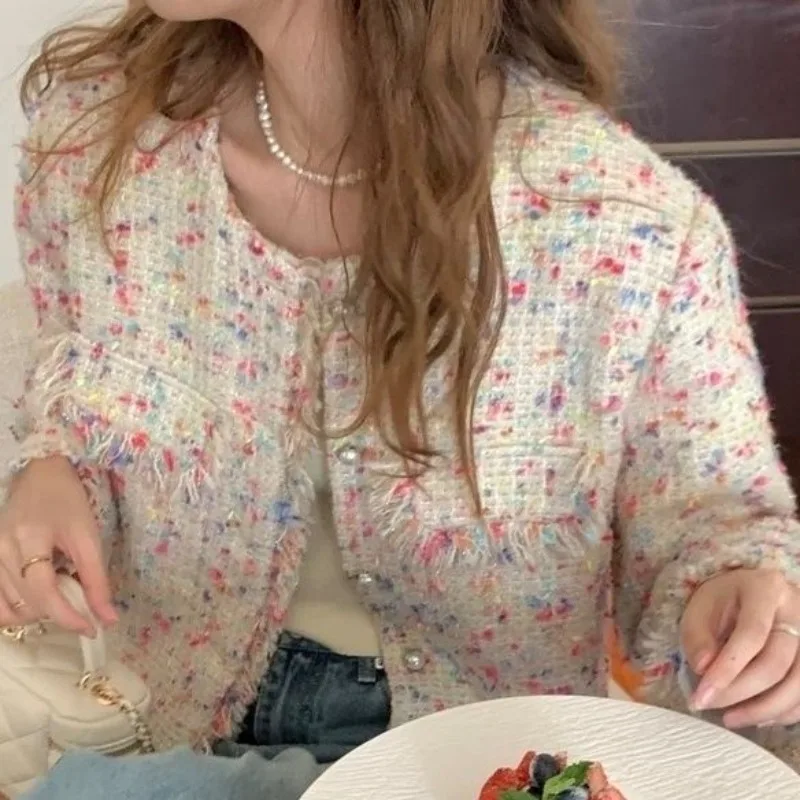 Women's Spring Autumn Cropped Tweed Jacket Rainbow Colours Coarse Weave Fringe Trim Outerwear Niche Market Chic Top