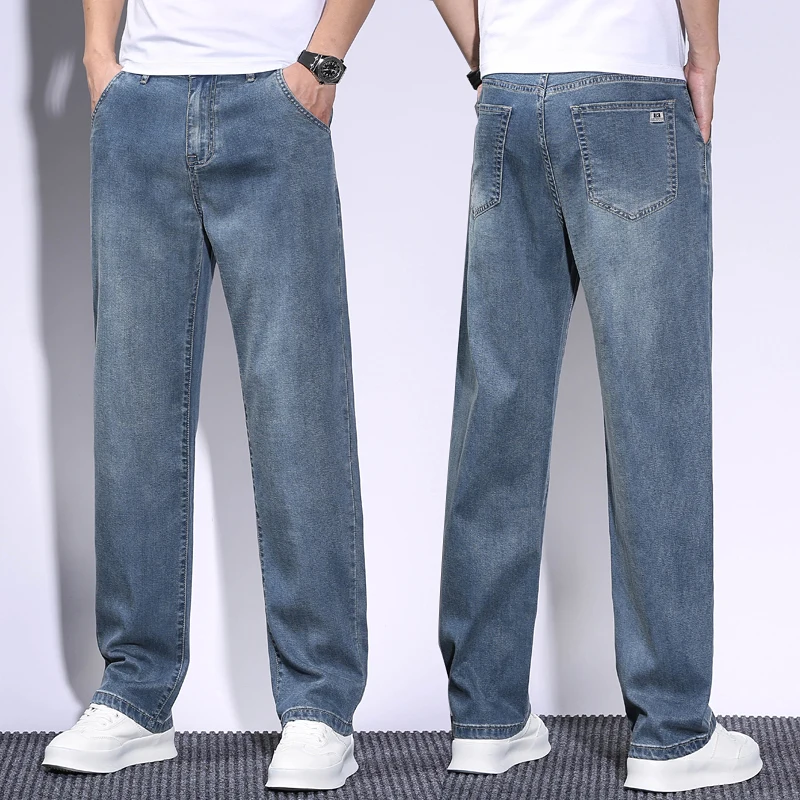 New Soft Men's Lyocell Baggy Jeans Thin Summer Loose Straight Pants Vintage Business Casual Fashion Korea Trousers