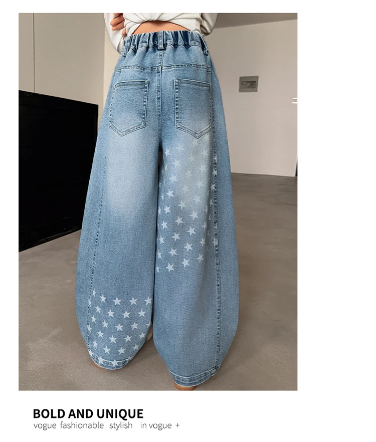 Neue Designer-Kinderjeans im Street-Style mit Sternen für Teenager-Mädchen, elegante blaue Denim-Hosen, Größe 5-14 – Detail 9