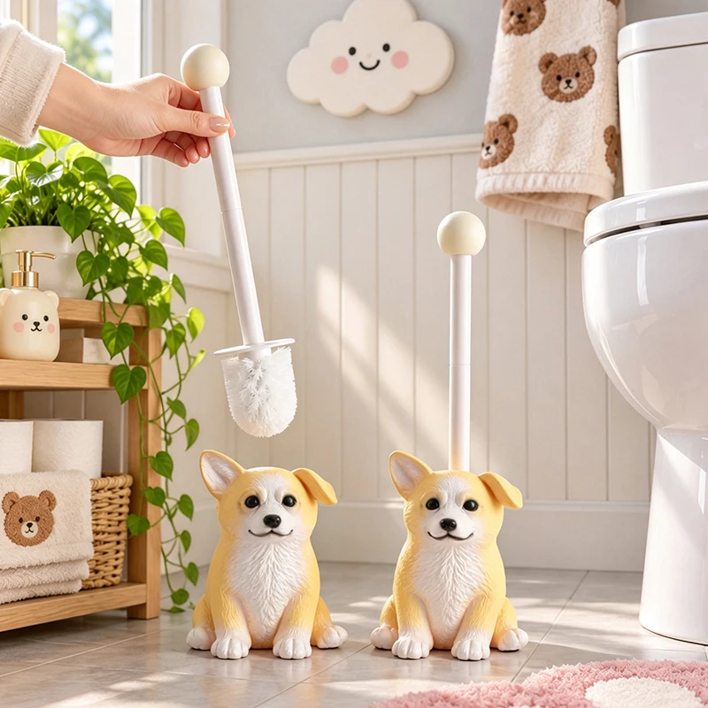 Cute Corgi Puppy Toilet Brush Set Resin Dog Holder Abs Cleaning Brush Bathroom Decor Creative Household Toilet Cleaner Tool Gift
