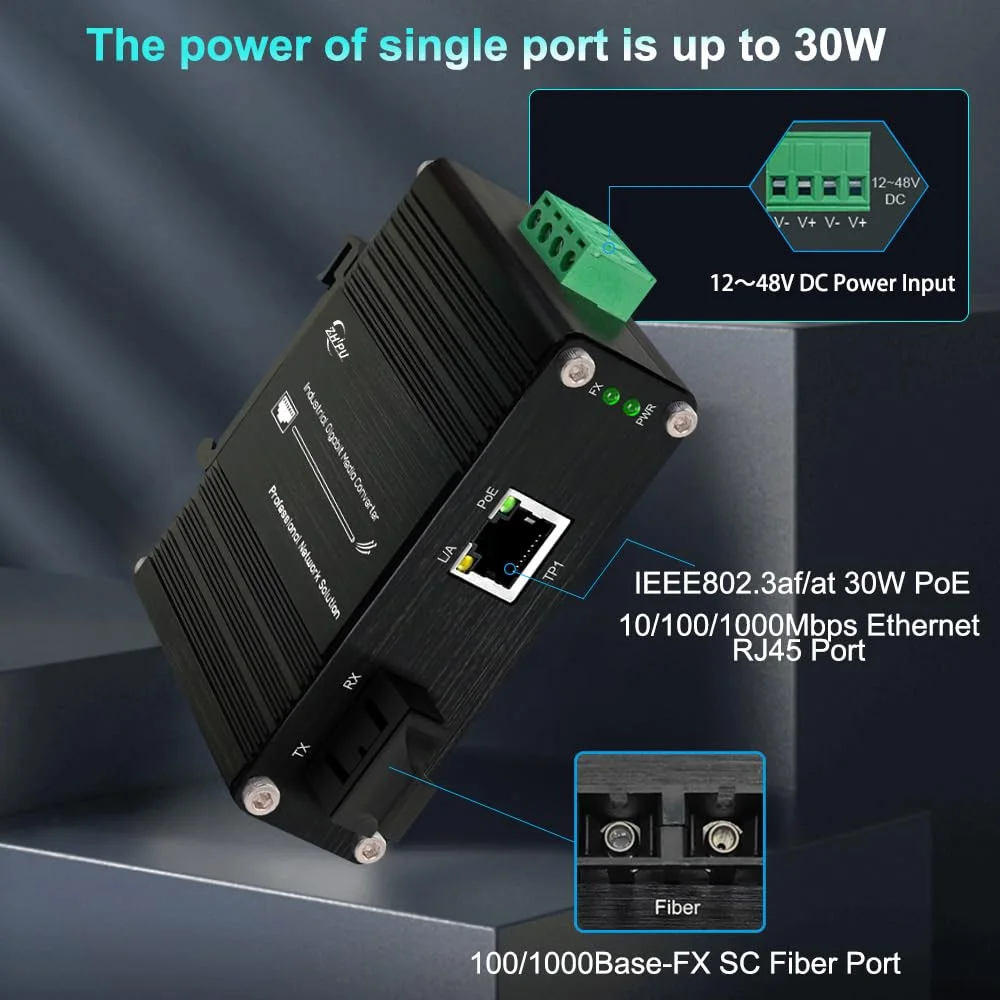 Industrial Fiber Media Converter 1RJ45 1SC Din Rail 10/100/1000Mbps Gigabit Ethernet Switch (PoE)