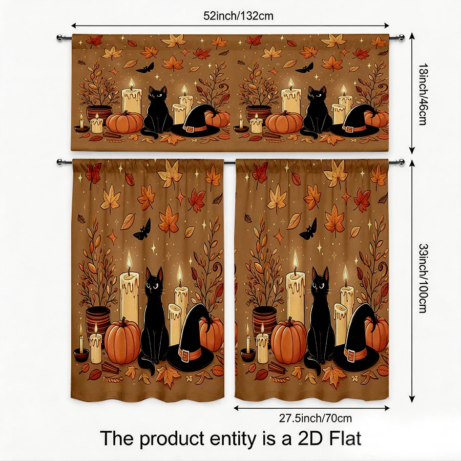 Halloween Fall Kitchen Curtains, Black Cat Candle Pumpkin, Digital Print, Kitchen Dining Room, Rod Pocket Polyester, Home Decor