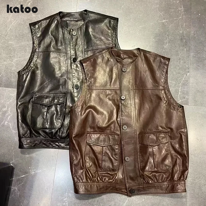 Vintage Oil Wax Sheepskin Vest for Women Spring Round Neck Cargo Pocket Sleeveless Genuine Leather Vest Female Streetwear Gilet