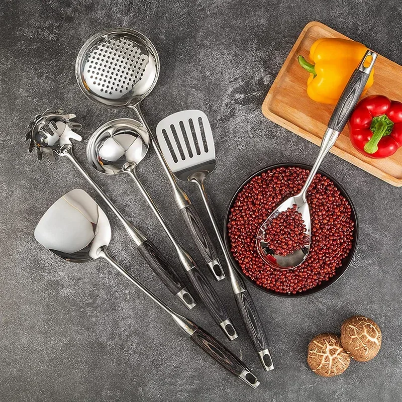 6/7 قطع من أدوات المطبخ المصنوعة من الفولاذ المقاوم للصدأ، أدوات الطبخ بمقبض خشبي - ملعقة مغرفة مقشدة، مصفاة خادم ملعقة #5