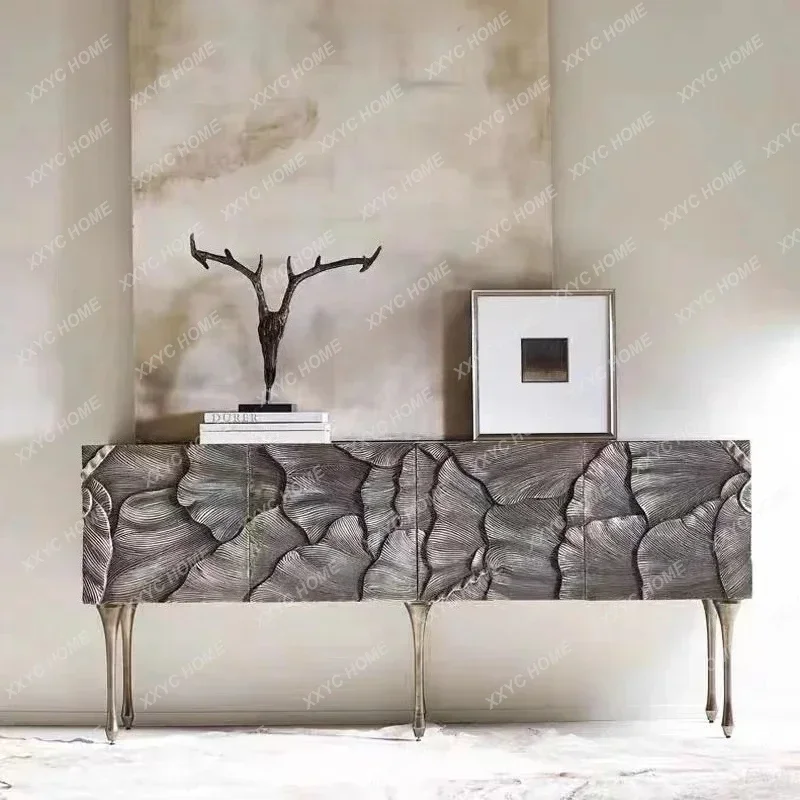 Retro entrance foyer Solid wood wabi-sabi entryway cabinet French modern light luxury old carved art dining side cabinet