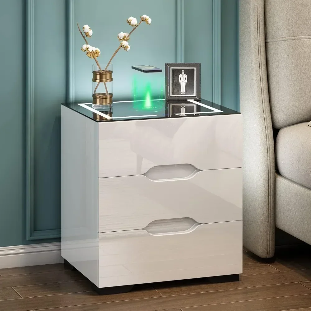 

Smart Nightstand with Wireless Charging Station & Adjustable LED Lights, with 3 Drawers & USB Charging High Gloss End Table