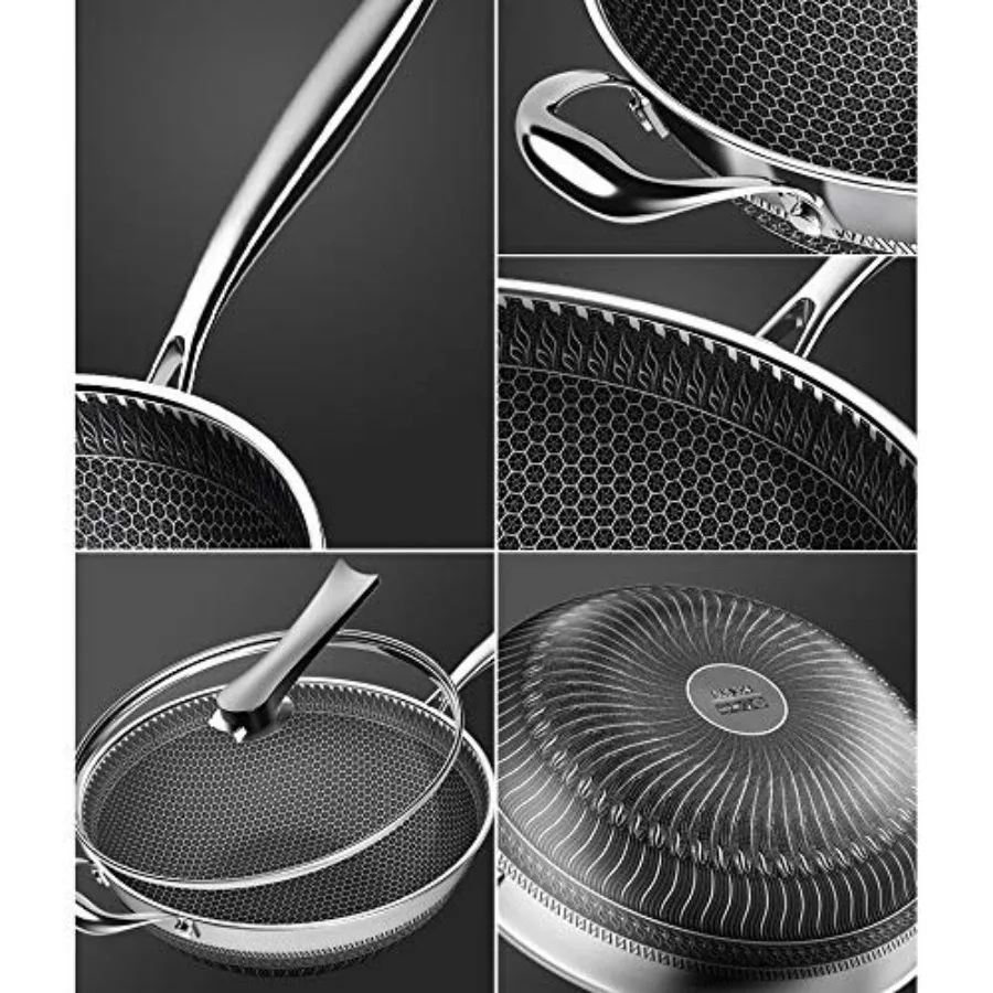 13,4-дюймовый антипригарный вок из нержавеющей стали с двухсторонним экраном, сотовая конструкция для газовой плиты, индукционной плиты и керамики