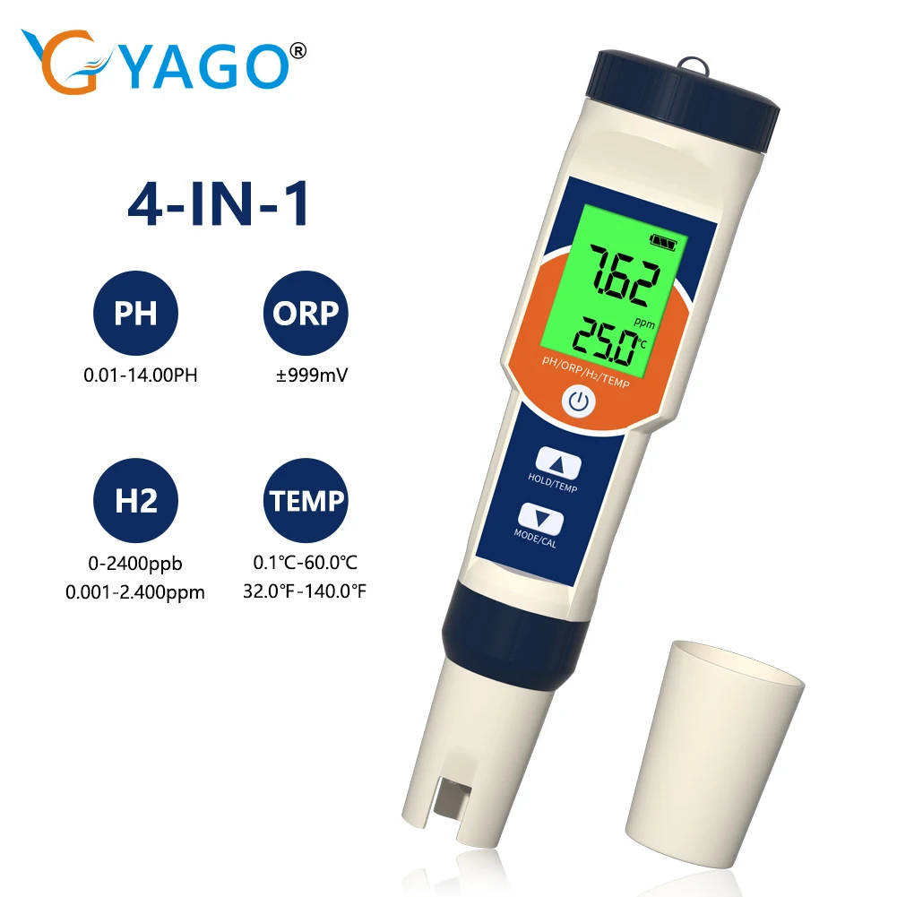 Digital Dissolved Hydrogen Tester 4-in-1 PH ORP H2 Temp Test Kit ppm Meter Water Purity Analyzer for Drinking Water Food Pool