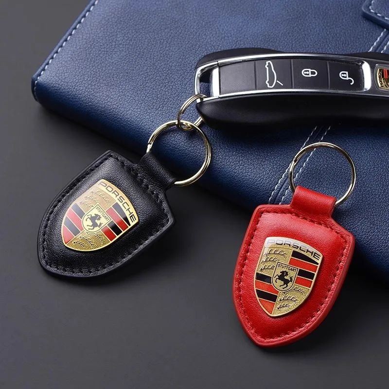 Car Keychain Key Holder Shield Leather Key Rings Men Women Gift For Porsche 911 718 Cayenne Cayman Panamera Macan Taycan Boxster