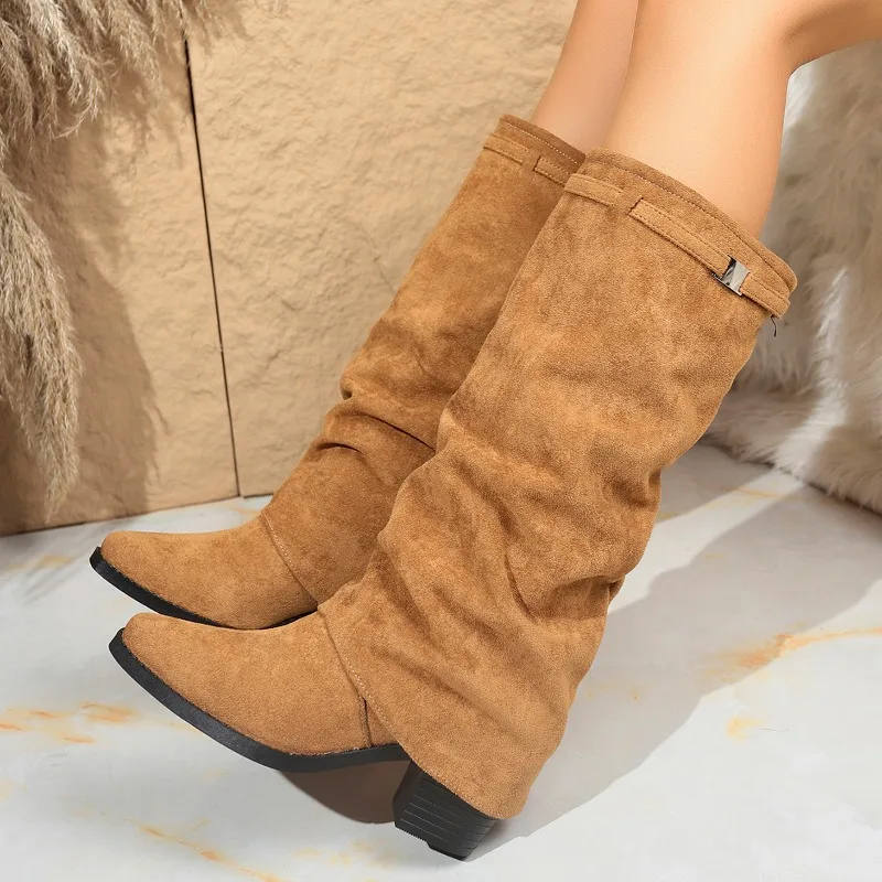 

Suede Women High Boots Knee High Heels Shoes 2025 Elegant New Winter Chunky Chelsea Fashion Boots Party Brand Woman Zapatillas