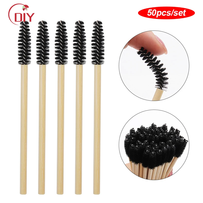 50pcs Professional Bamboo Handle Disposable Eyelash Brushes Eyebrow Extension Mascara Wands Applicator Cosmetic Brushes Tools