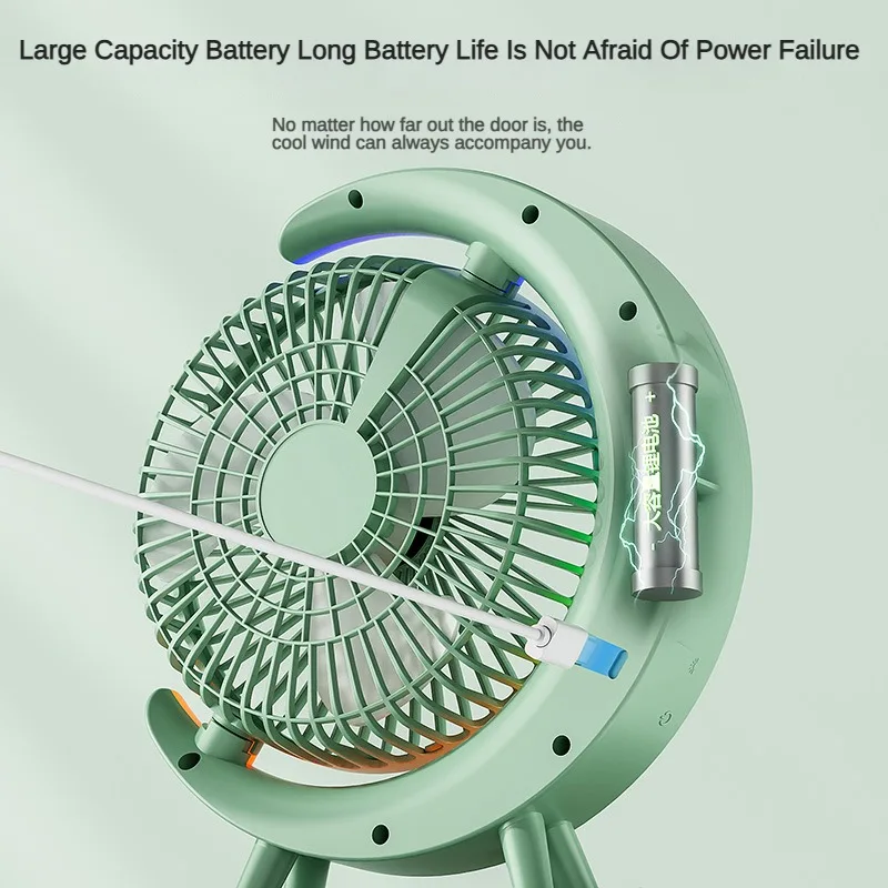 Ventilador pequeno de mesa, luz de rolagem, alta potência eólica, ajuste de 3 velocidades, acampamento ao ar livre, dormitório doméstico, carregamento usb portátil