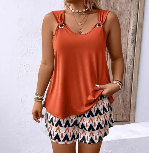 

Large Casual Solid Color Vest and Geometric Printed Shorts Set for Summer Women's Sleeveless Casual Loose 2-Piece Set