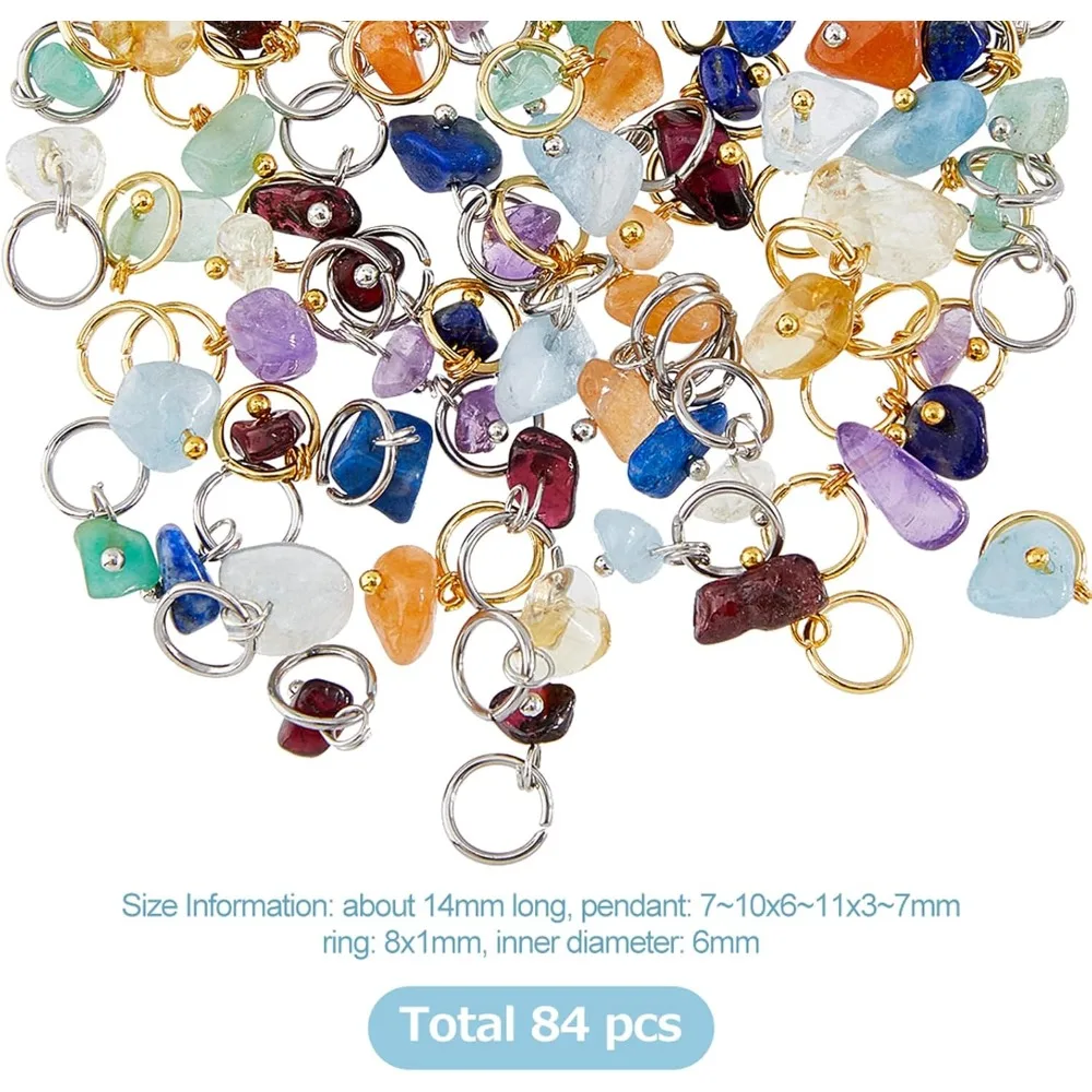 84Pcs Natural Mixed Pendants Nuggets Gemstone Charms Crystal Stone Charms with Stainless Steel Jump Ring for Earring making kit