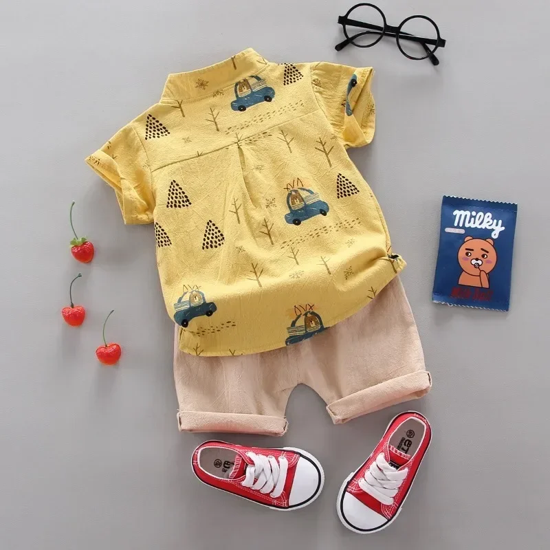 Summer Toddler Set Children Print Bear Short Sleeved Shirt Shorts Sets Baby Boys Outdoor Standing Collar Tops Fashion Kids Suit