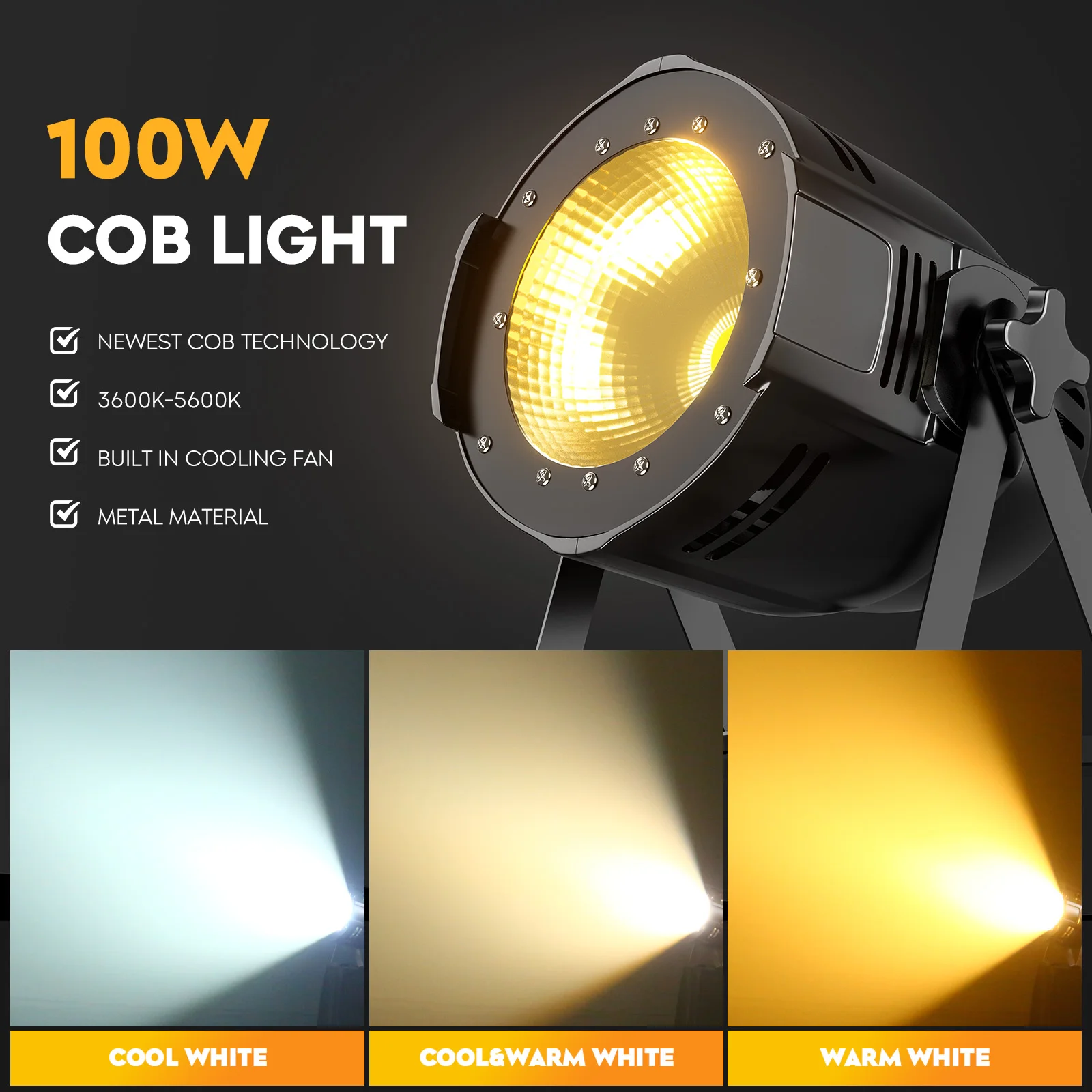 U'King 4Pcs/Set 100W COB Par Lights Warm&Cool White Stage Lights DMX Spotlights For DJ Church Concert Christmas Wedding Party