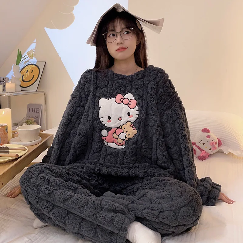 Hellokitty Plush Pajamas Suit Woman Kawaii Crew Neck Anime Cartoon Autumn Winter Flannel Plus Size Warm Home Wear Nightgown Suit