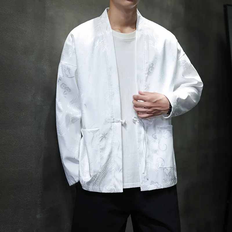 

Autumn New Sle Men's Casual Open Cardigan Dragon Patterned Tang Costume Trendy Taoist Robe Loose Fit Long Sve V-Ne Jaet